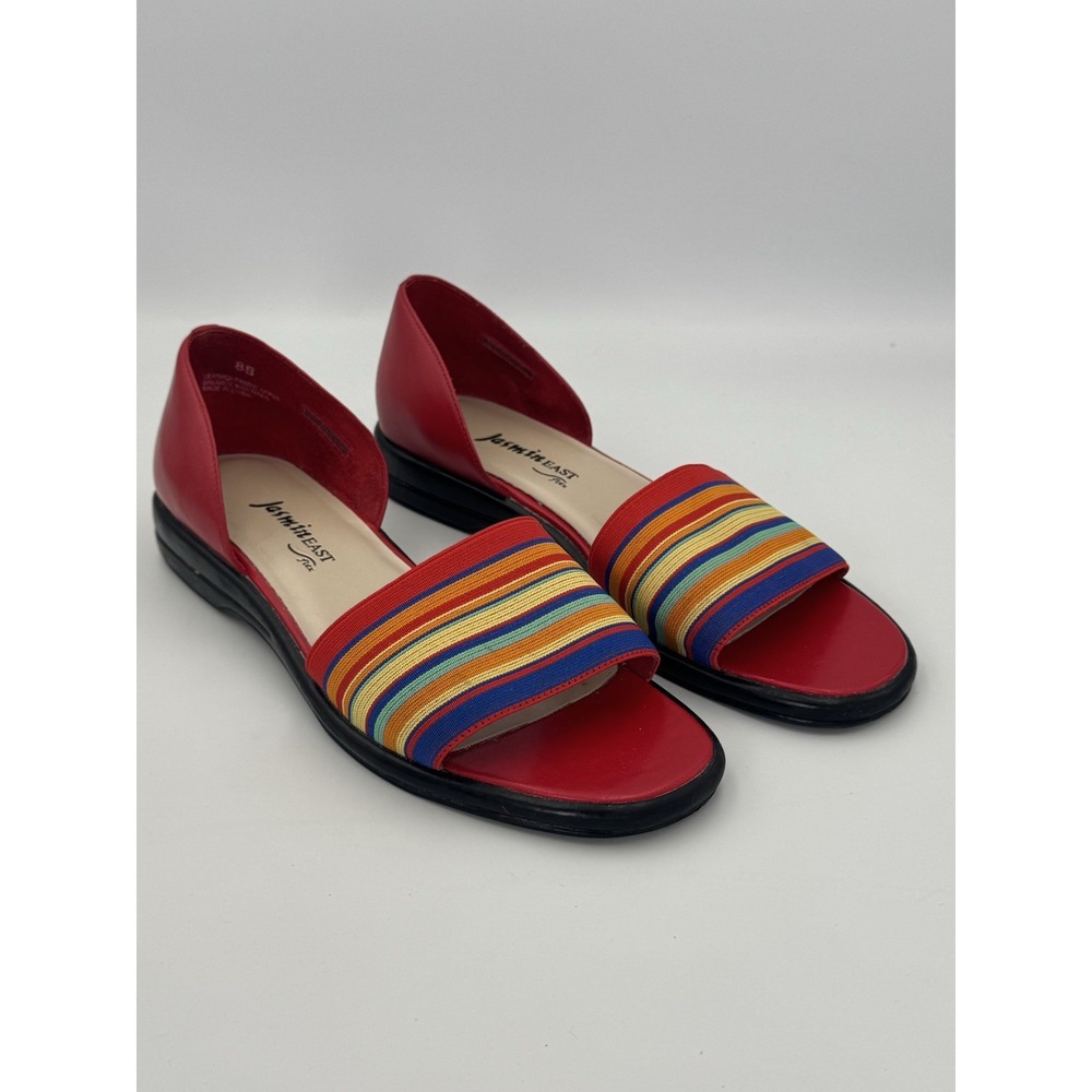 Vintage 90s JasminEAST Rainbow Stripe Flats‎ Sandals Red Leather Women's 8B